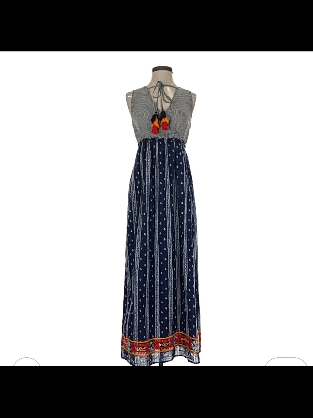 THML Navy and Gray Maxi Dress with Tassel Accent